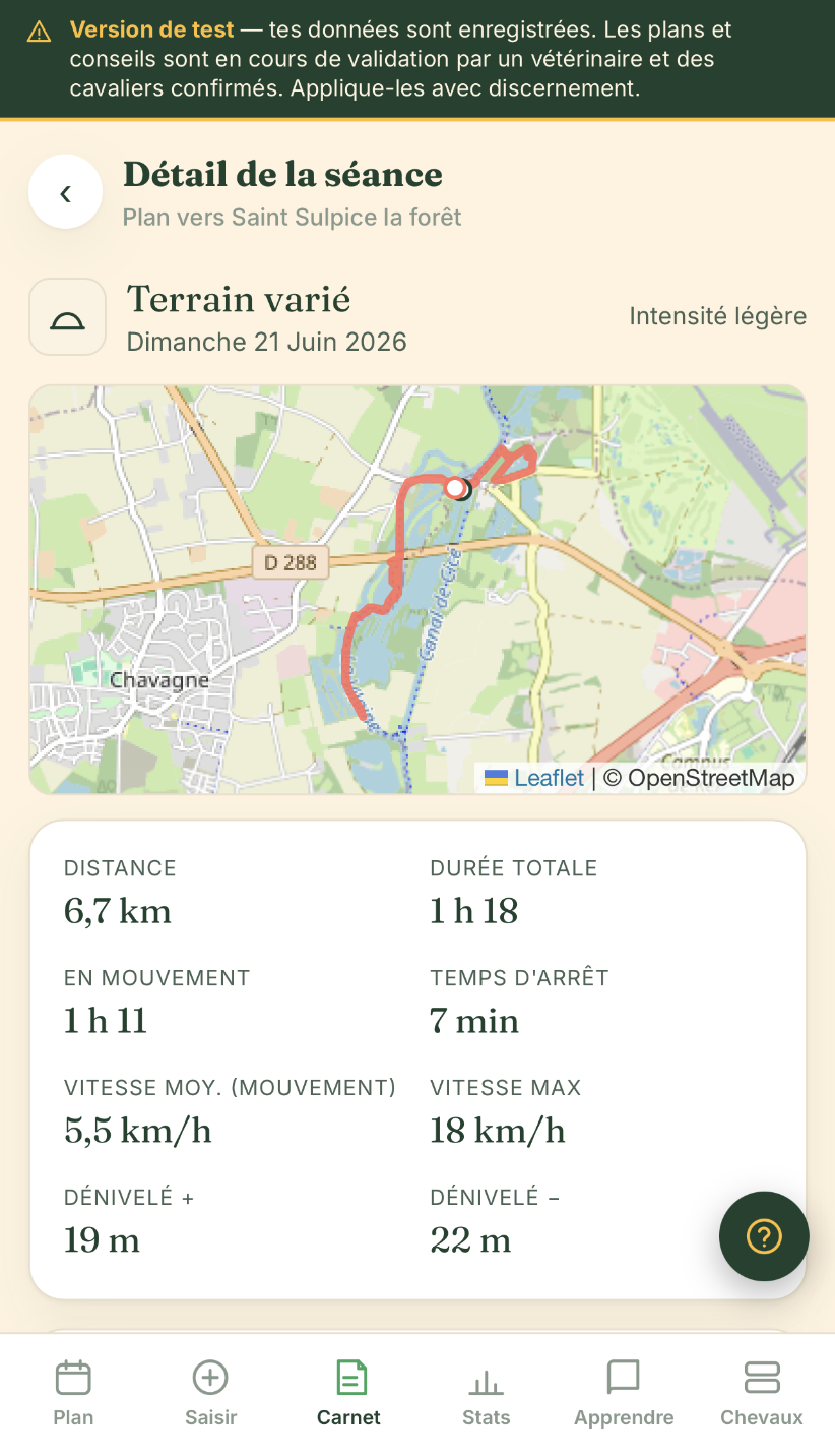 Détail d'une séance sur mobile